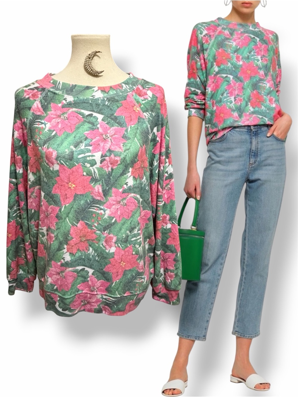 Wildfox Island Holiday Sommers Pullover Sweatshirt Poinsettia Pink Green Small